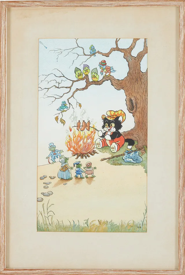 RUNE ANDRÉASSON. Illustration av katt till Bamse, akvarell, monogramsignerad.