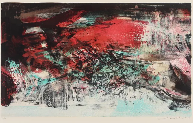 “À la gloire de l'image et Art poétique”, 1976. Signed and dated Zao Wou-Ki, 76, 89/99. Lithograph in colours. Sheet size 44×68 cm.