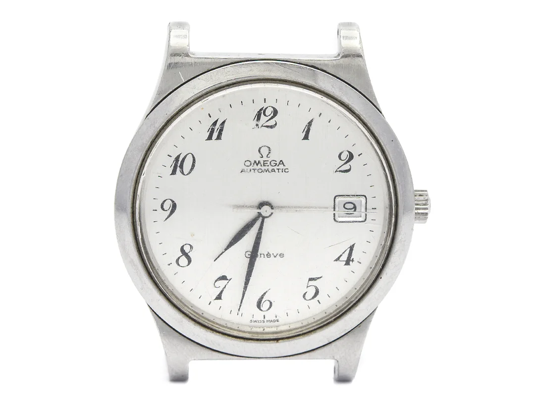 OMEGA, Genève, Cal 1012, Serie nr. 37846462, Ref nr. ST 166.0168, Boett nr. 166.0168, herrur, 36 mm, stål, automatisk, plexiglas, datum, skadad urtavla, defekt, ca 1973. — Klockor/Omega — Kaplans