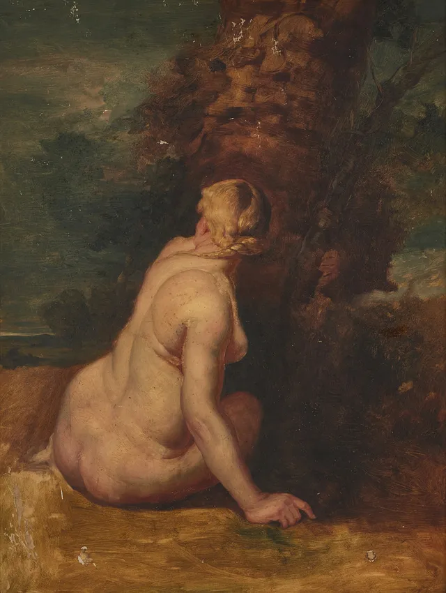 AMERIKANSK KONSTNÄR (1800-tal), Studie av sittande kvinnlig nakenmodell, efter Rubens, olja på pannå.