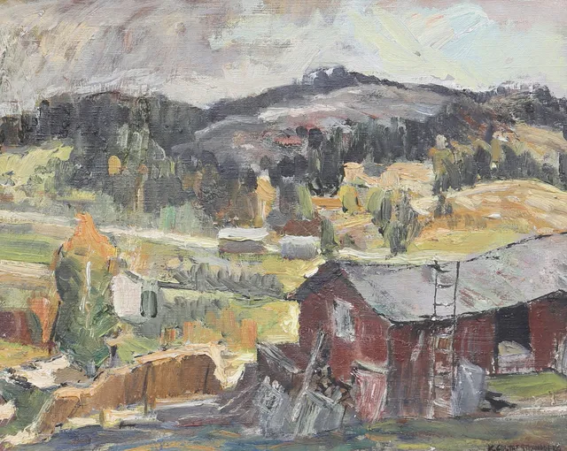 KARL GUSTAF STRANDBERG. Olja på duk, gårdsmotiv, signerad.