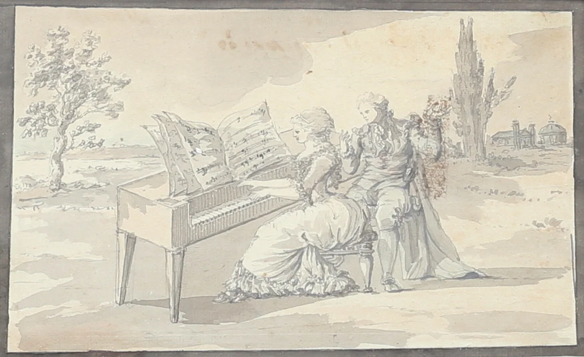 CARL AUGUST EHRENSVÄRD. Kvinna spelar clavier för professor Moberg. Tuschlavering på papper, signerad à tergo. — Paintings — Auktionshuset Thelin & Johansson