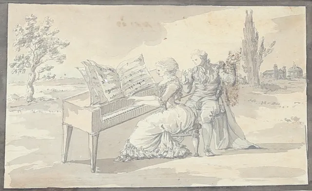 CARL AUGUST EHRENSVÄRD. Kvinna spelar clavier för professor Moberg. Tuschlavering på papper, signerad à tergo.