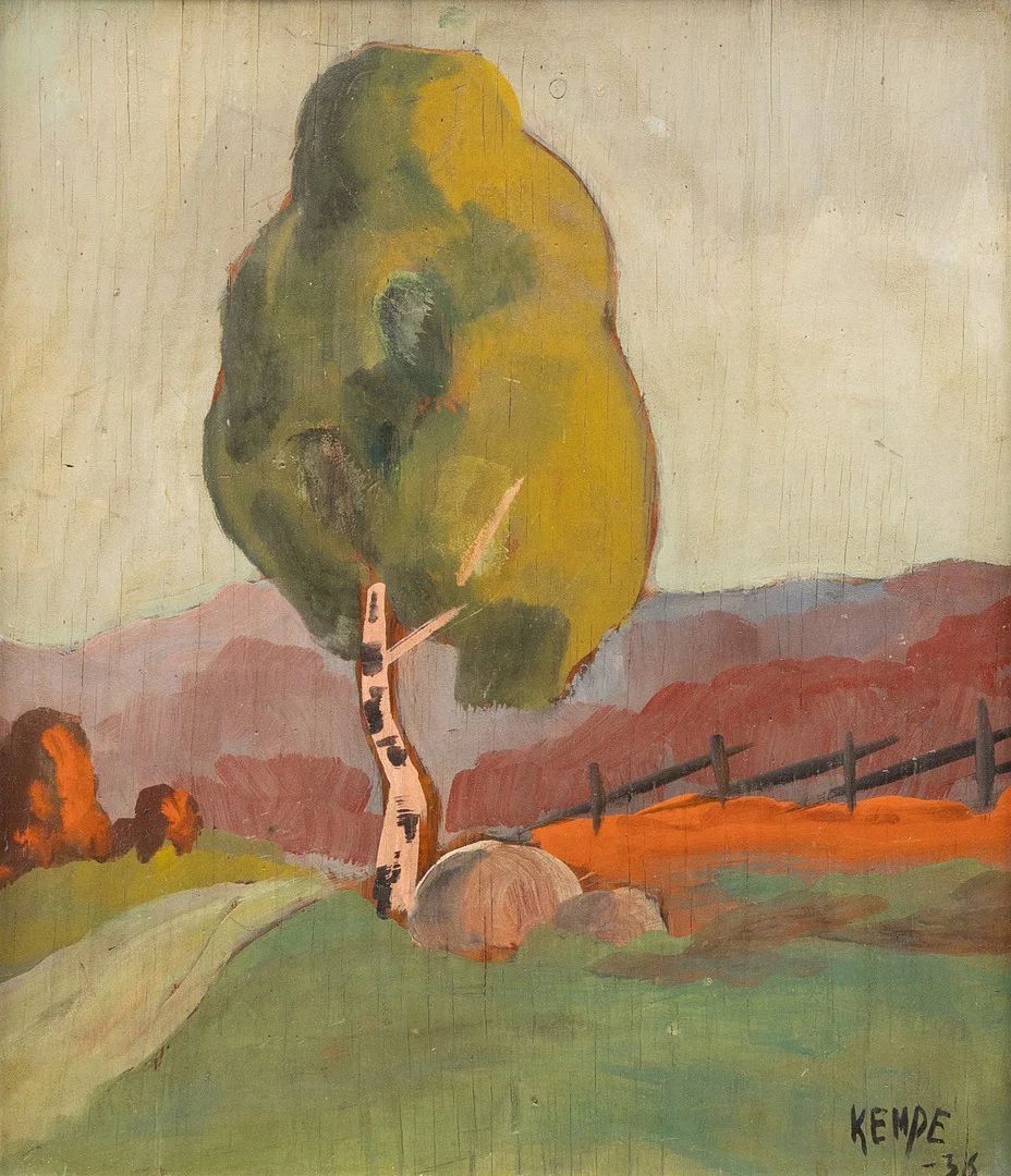 ROLAND KEMPE. Björk i landskap, olja på pannå, signerad. — Paintings — Garpenhus Auktioner