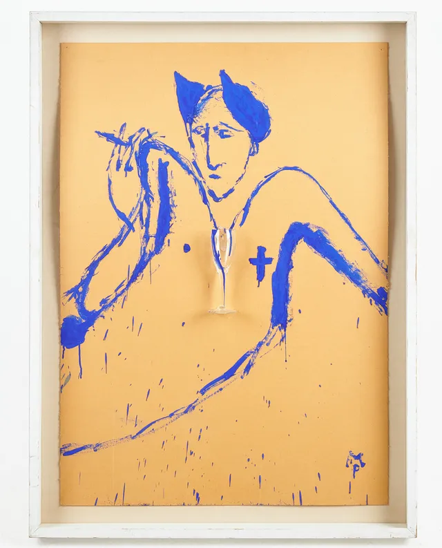 MIMMO PALADINO (ITALIEN, FÖDD 1948). Utan titel, komposition med rökande figur, Collage, gouache och kartong 1986.