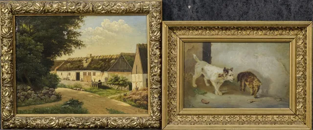Ubekendte kunstnere, motiv med bondegård / motiv med hund & kat (2)