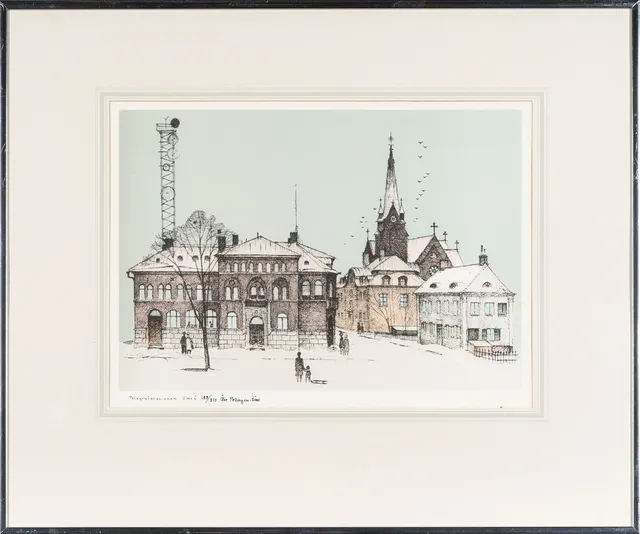 ÅKE PETTERSSON NÅW. Färglitografi, "Telegrafstationen Umeå" Signerad, Numrerad 189/310.