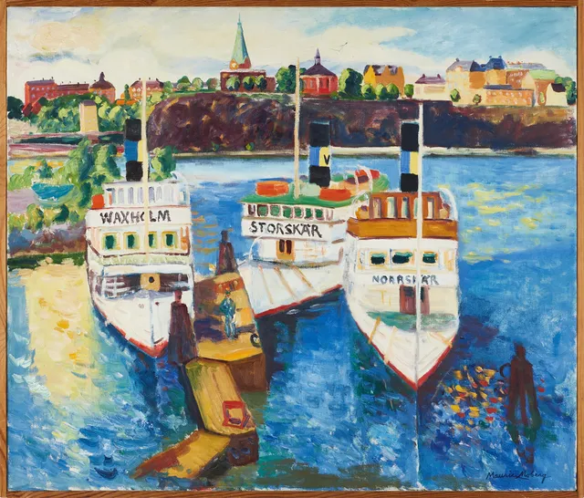 MAURICE MOBERG (1923–2014). Stockholmsmotiv med skärgårdsbåtar, signerad, olja på duk.
