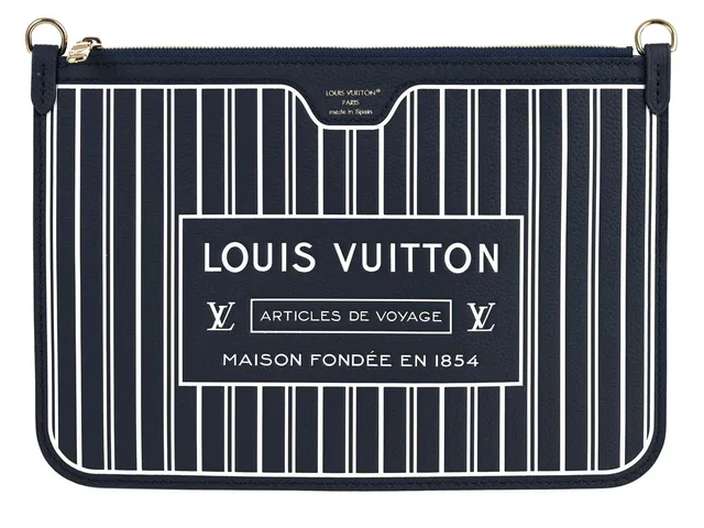 LOUIS VUITTON, CLUTCH, Inside Out Calfskin Neverfull MM Pouch, blått, vitt läder, Monogram Canvas, guldfärgade beslag, 26,5x18 cm. Excellent Condition.