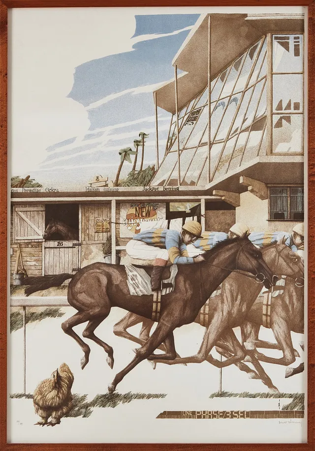 BENGT BÖCKMAN. "Grand Stand", triptyk, färglitografi.