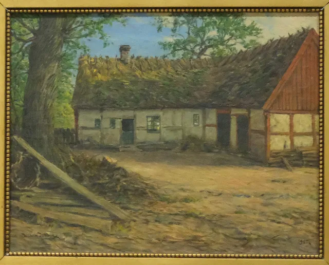WILHELM DAHLBOM. OLJA PÅ DUK, GÅRDSMOTIV, 34X44CM.