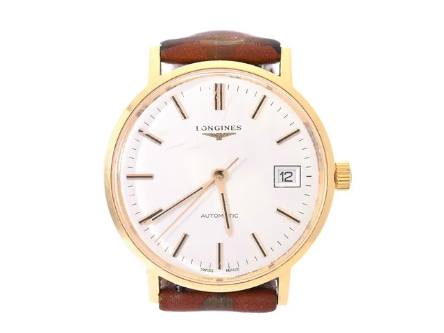 LONGINES, herrur, 35 mm, Cal L633, Serie nr. 52990054, Boett nr. 18077727 / 1603 633, 18K guld, automatisk, plexiglas, datum, gravyr, läderband, ca 1975.