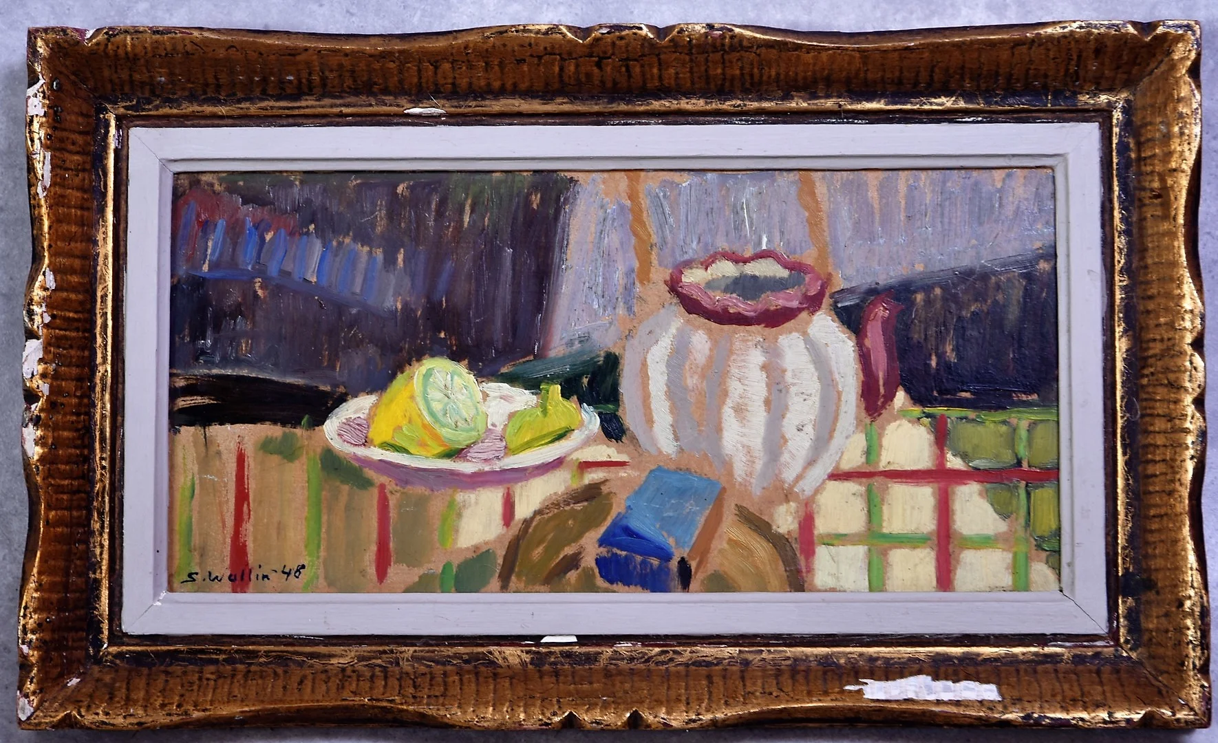 SAM WALLIN. 1915-1992 " Thekanna och Citron " olja på pannå signerad, daterad 48. — Paintings — Auktionsverket Engelholm