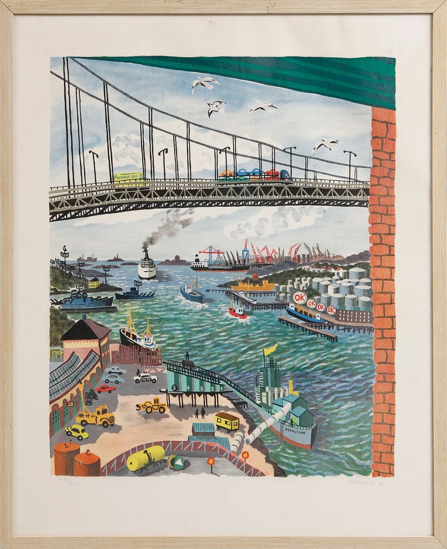 MONA HUSS WALIN. Färglitografi, Älvsborgsbron, signerad, daterad -77 och numrerad 329/460. — Engravings & Prints — Göteborgs Auktionsverk