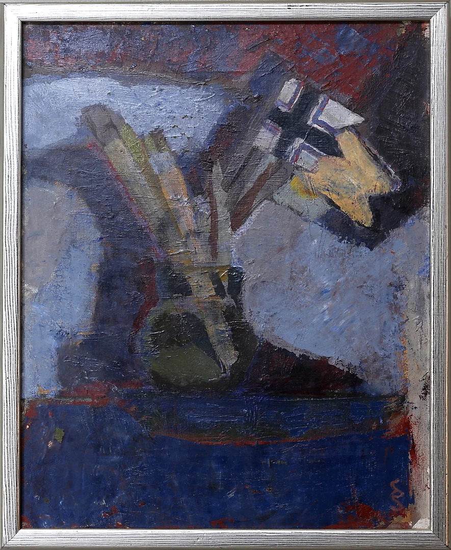 STIG SÖDERSTEN. "Penslar och flaggor", olja på duk, signerad SS. — Paintings — Kalmar Auktionsverk