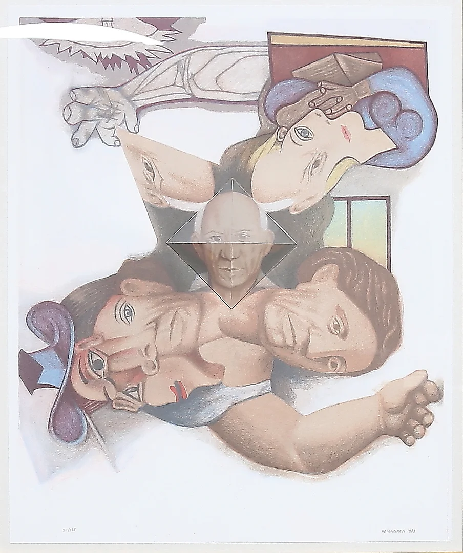 HANS HAMNGREN. Anamorfos/Picassos olika stilar, blandteknik. Signerad, numrerad och daterad 1988. — Engravings & Prints — Gomér & Andersson Linköping