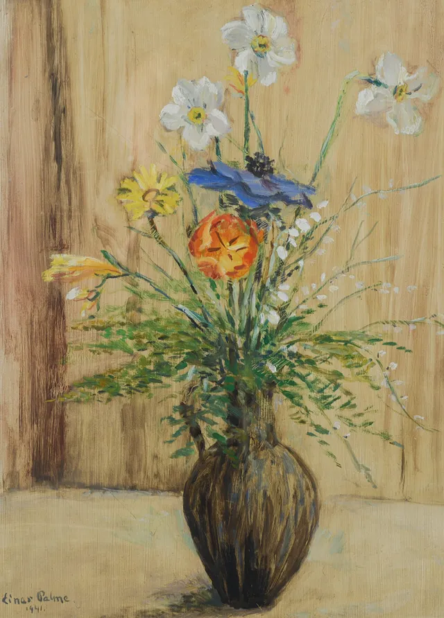 EINAR PALME. Stilleben av blommor, olja på papper, signerad.
