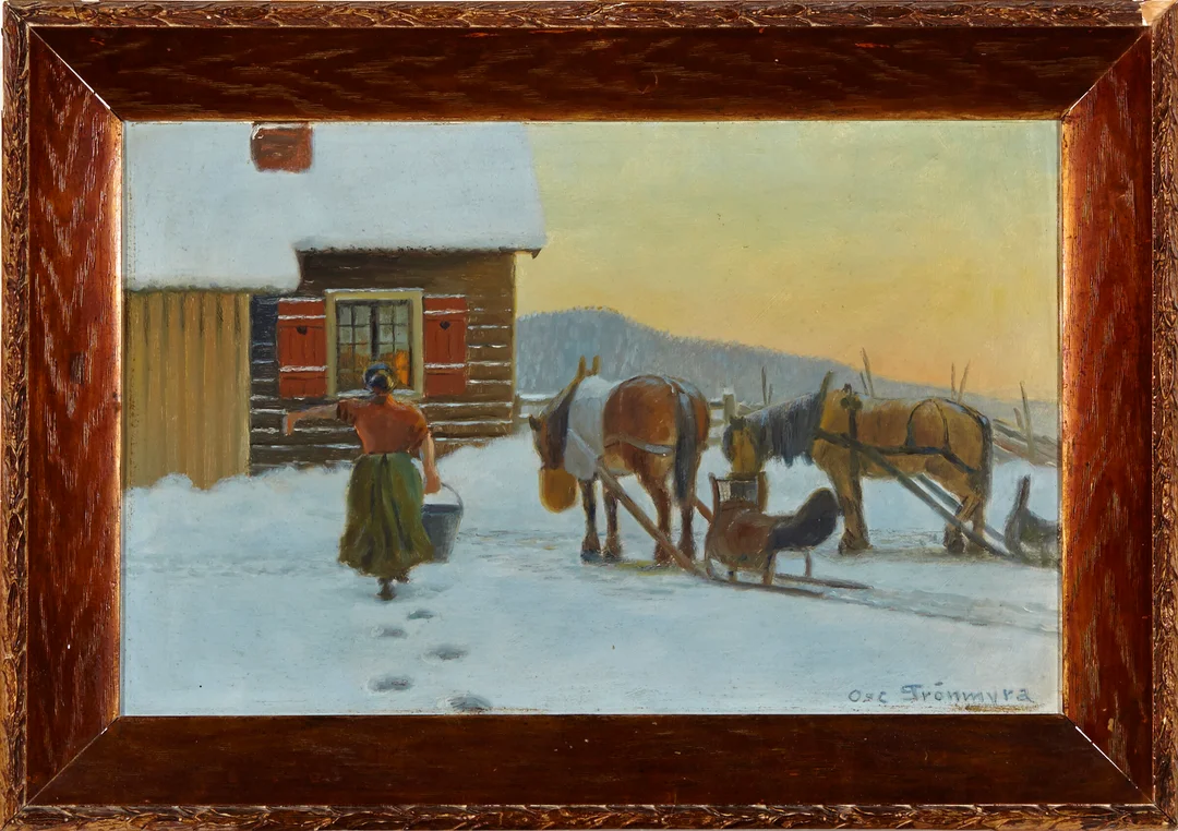 Grønmyra, Oscar — Hester og kone på gårdstun — Kunst/Maleri — Blomqvist