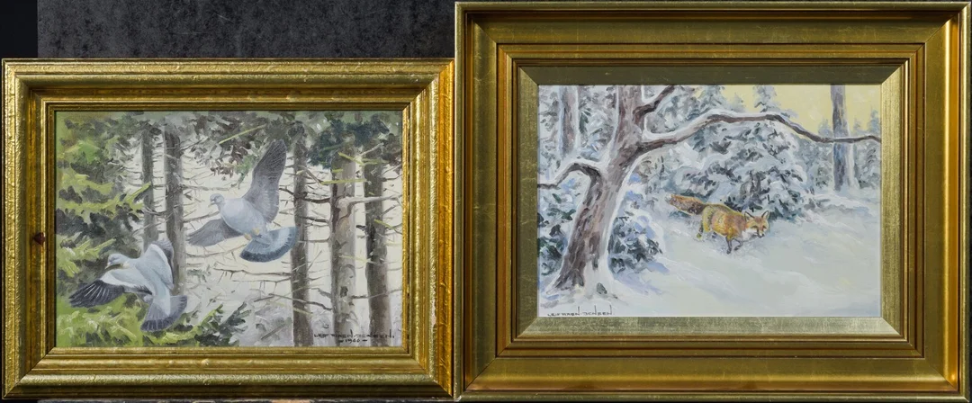 Leif Ragn Jensen, motiv med ræv i sneen / motiv med duer (2) — Paintings and sculptures/Older pictorial arts — Lauritz