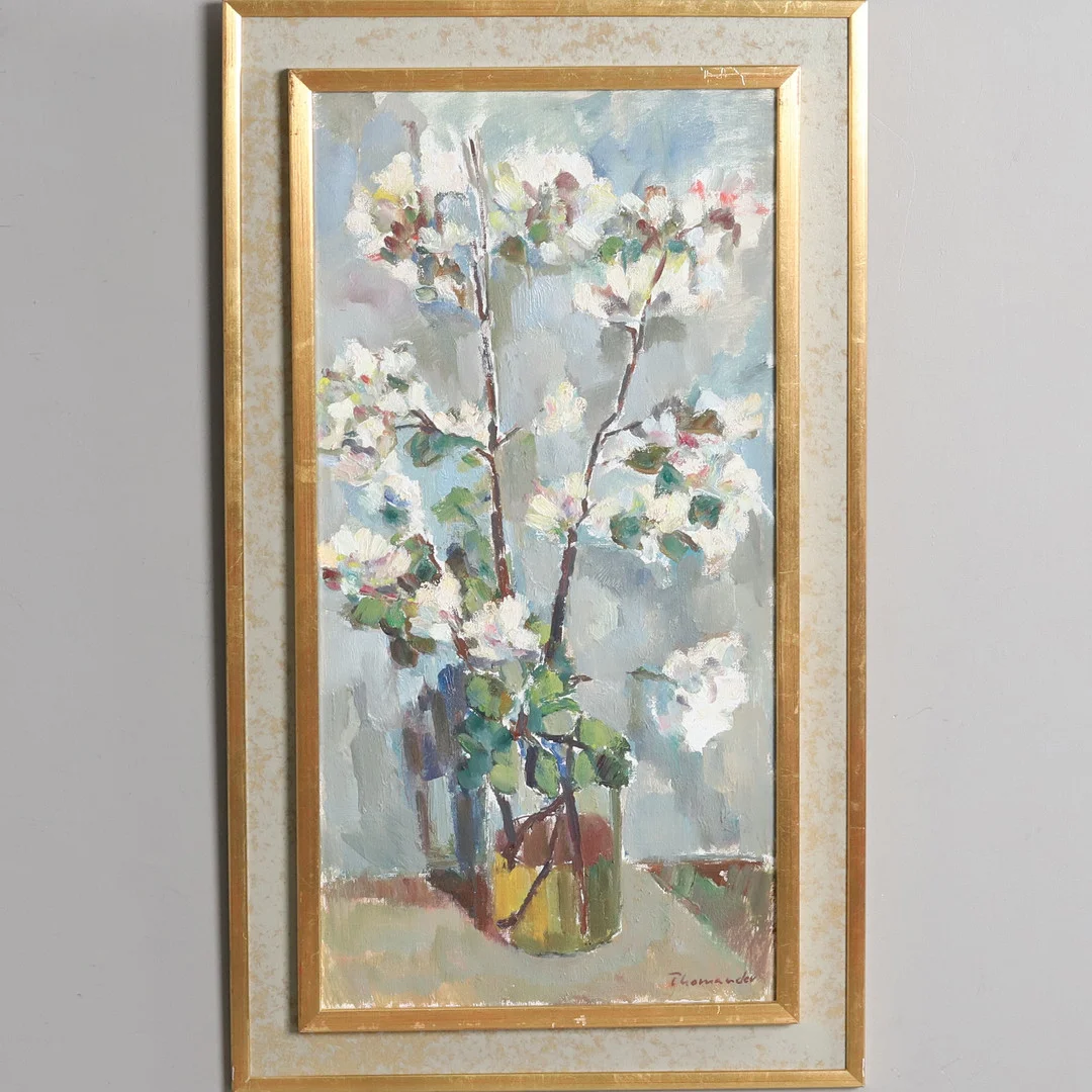 HARRY THOMANDER. OLJA PÅ DUK, stilleben, "Äppelblom", signerad. — Paintings — Örebro Stadsauktioner