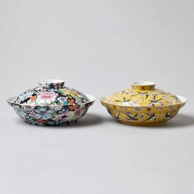 TWO ENAMELLED BOWLS WITH COVERS.