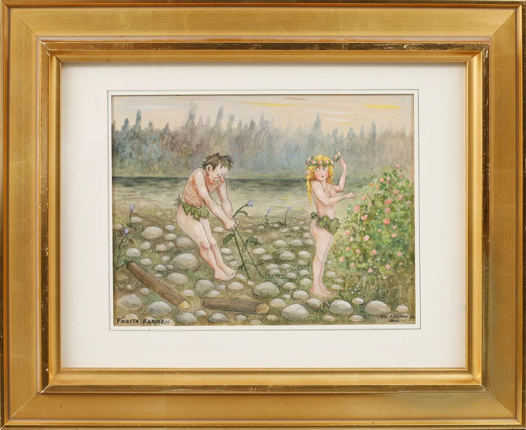 JAC EDGREN. "Första farmen", akvarell, signerad och daterad 1947. — Paintings — Göteborgs Auktionsverk