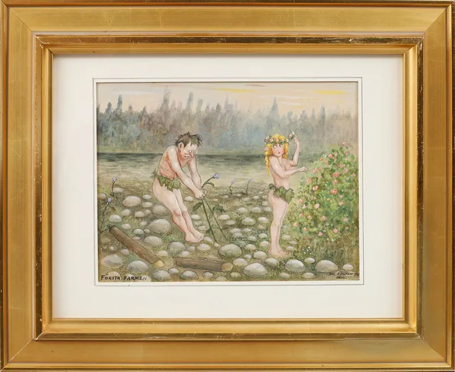 JAC EDGREN. "Första farmen", akvarell, signerad och daterad 1947.