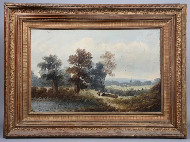 19TH CENTURY BRITISH SCHOOL "FIGURES BESIDE A RIVER".