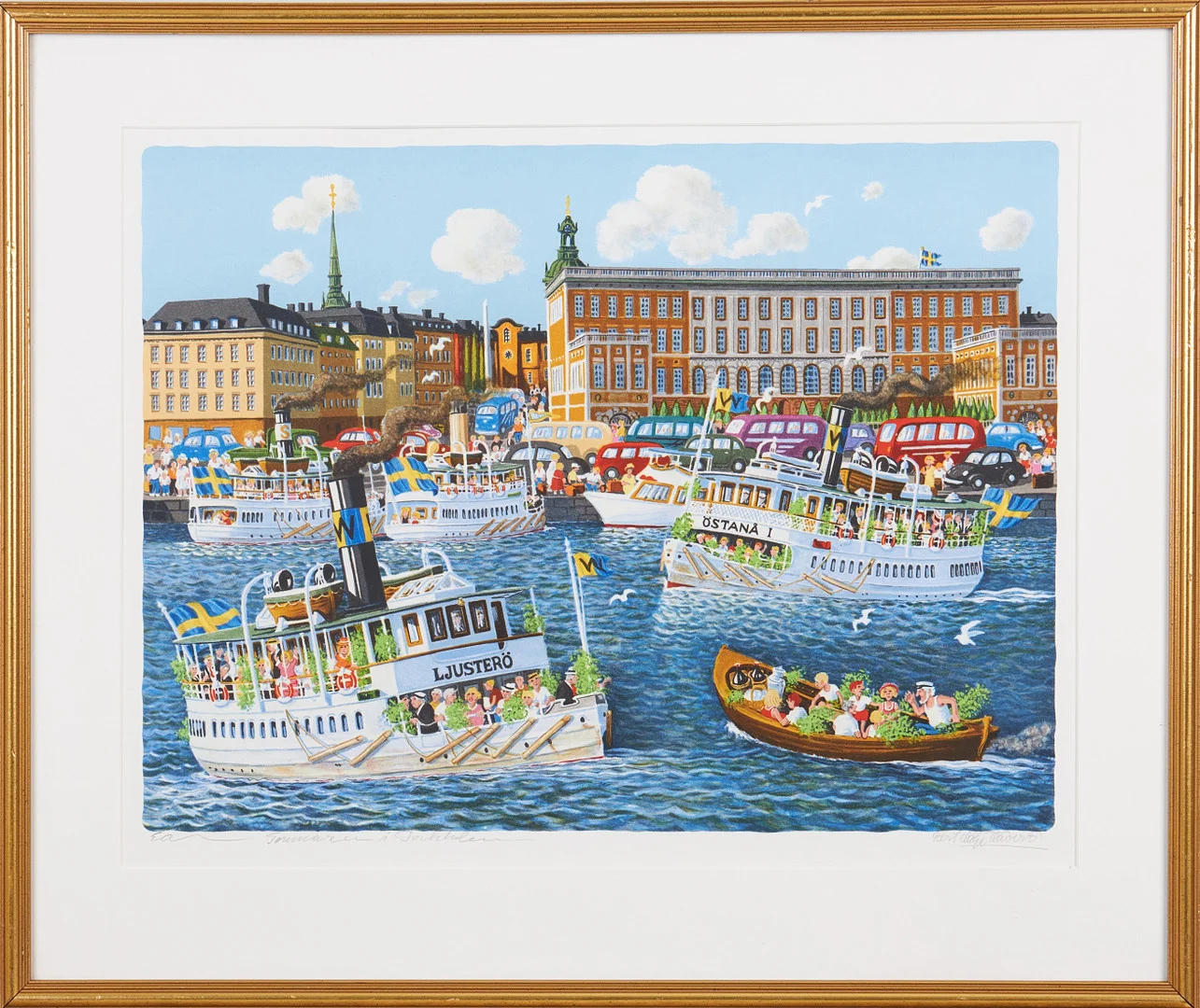 BERT-HÅGE HÄVERÖ. Stockholmsmotiv med Vaxholmsbåtar, färglitografi, signerad, EA. — Engravings & Prints — Stockholms Auktionsverk Magasin 5