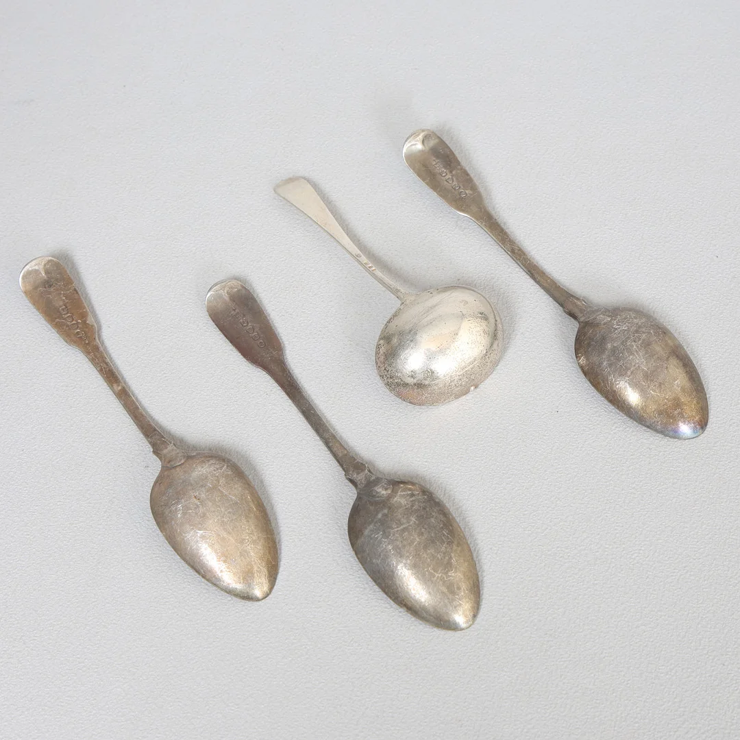 THREE GEORGE III SILVER DESSERT SPOONS, A GEORGE V SILVER LADLE (4). — Silver — Bishop & Miller