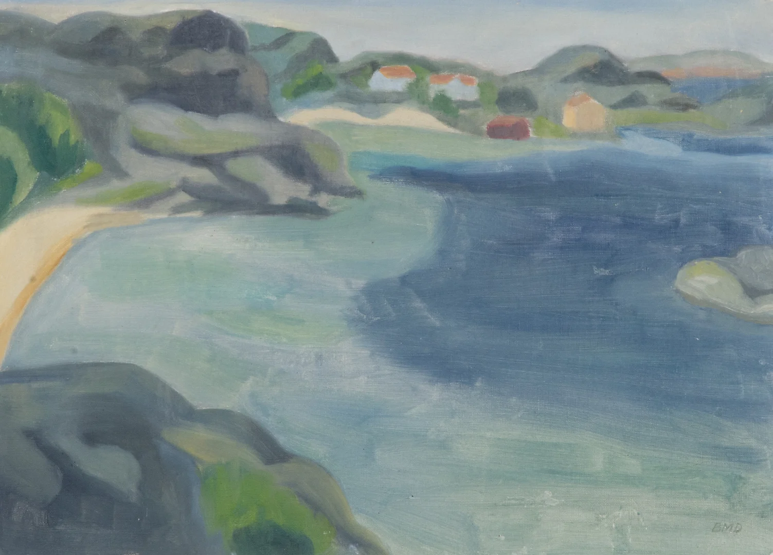 BARBRO DANIELSSON. Kustparti med hus olja på pannå, signerad BMD. — Paintings — Helsingborgs Auktionskammare