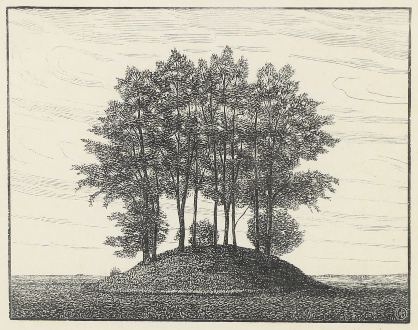 WALDEMAR BERNHARD. Kulle med träd, träsnitt, signerade W. Bernhard. — Engravings & Prints — Helsingborgs Auktionskammare