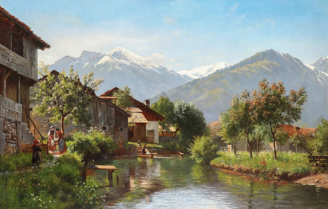 Landscape from Northern Italy. Signed and dated Aug. Fischer, 1888. Oil on canvas. 190×124 cm. — Paintings — Bruun Rasmussen