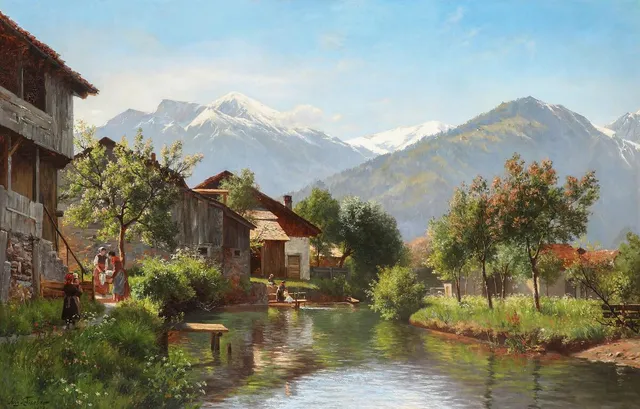 Landscape from Northern Italy. Signed and dated Aug. Fischer, 1888. Oil on canvas. 190×124 cm.
