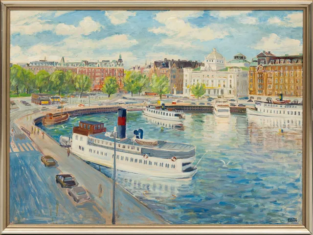 HANS ERIK ERIKSSON (1921-1997). Stockholmsmotiv, Nybroviken med utblick mot Dramaten, olja på pannå, signerad.