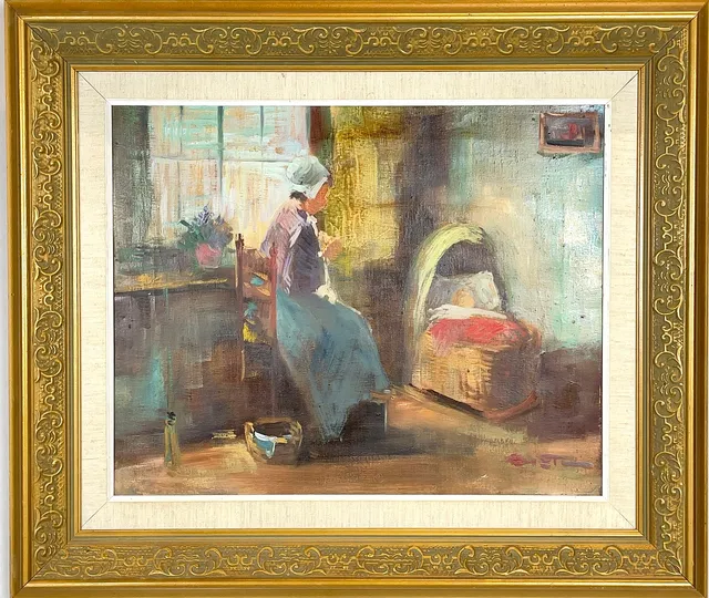 NICOLAI COSTER. Olja på duk, interiör med mor och barn, signerad Coster.