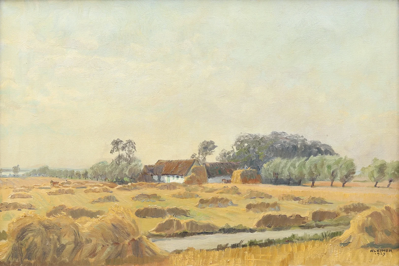 AXEL KLEIMER. Gårdsmotiv vid höskörd, olja på duk, signerad och daterad 1929. — Paintings — Garpenhus Auktioner