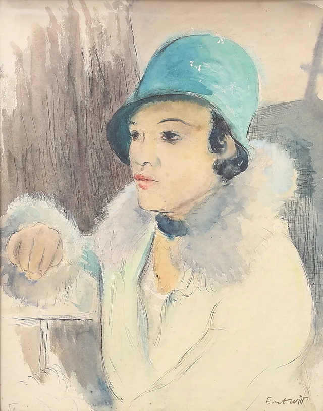 ERNST WITT. Porträtt, akvarell, signerad.