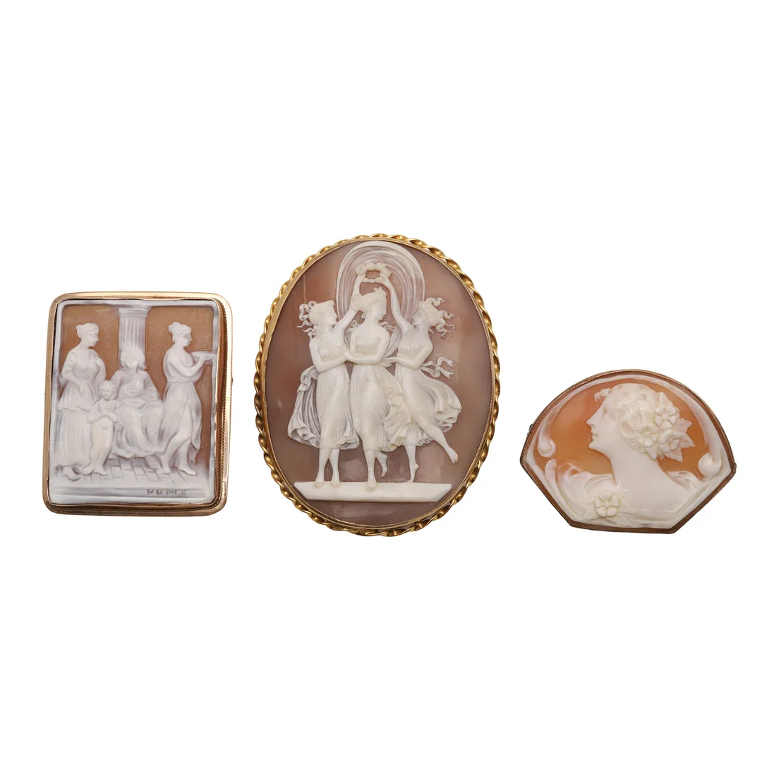 THREE CARVED SHELL CAMEO BROOCHES. — Brooches & Pendants — Lawrences Auctioneers
