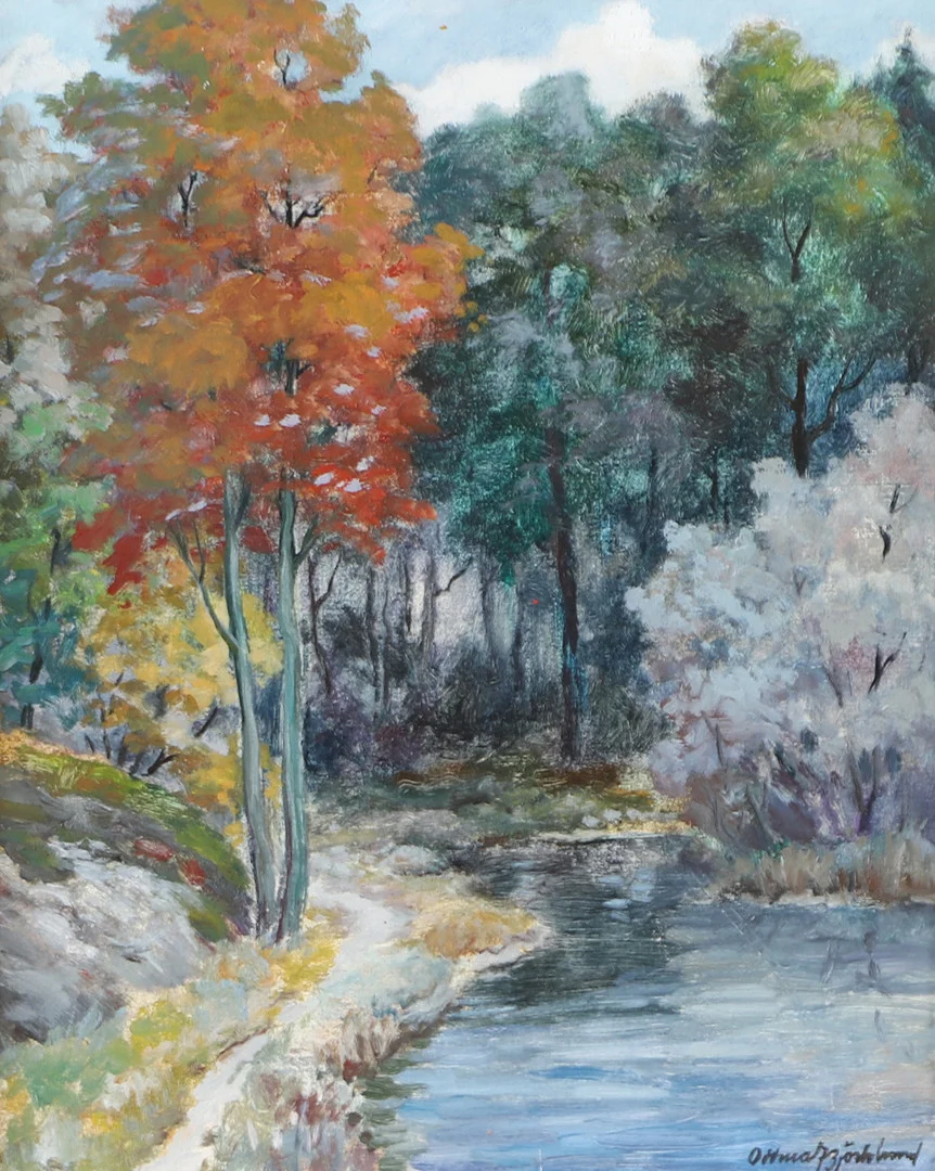 ODDMAR BJÖRKLUND. Skogsparti med vattendrag, olja på pannå, signerad. — Paintings — Helsingborgs Auktionskammare