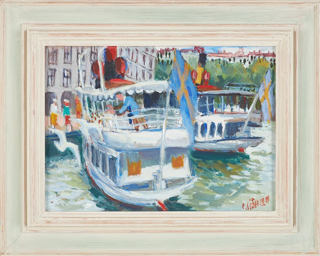 CHARLES SJÖHOLM. skärgårdsbåtar, olja på pannå, signerad. — Paintings — Stockholms Auktionsverk Sickla