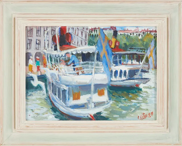 CHARLES SJÖHOLM. skärgårdsbåtar, olja på pannå, signerad.