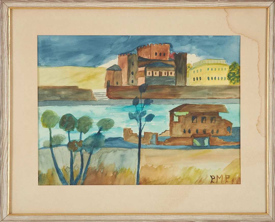 PRIMUS MORTIMER PETTERSSON. Landskap med hus och träd, akvarell, monogramsignerad. — Paintings — Stockholms Auktionsverk Sickla