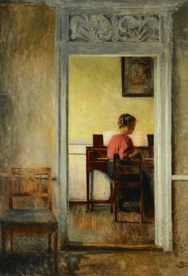 Peter Ilsted. Interior with the artist's wife Ingeborg sitting at a spinet