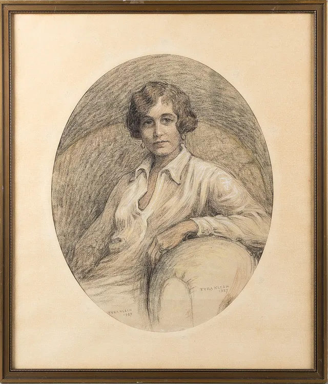 TYRA KLEEN. Självporträtt, färgkrita på papper, signerad och daterad 1927.