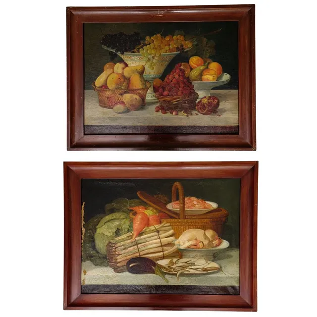 PAREJA DE BODEGONES DE COCINA. ÓLEO SOBRE LIENZO. ESCUELA CASTELLANA. SIGLO XIX.