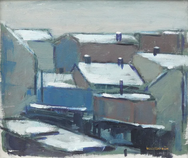 INGVAR WALTERSTRÖM (1920-1988). Hustak i snö, olja på duk, signerad.