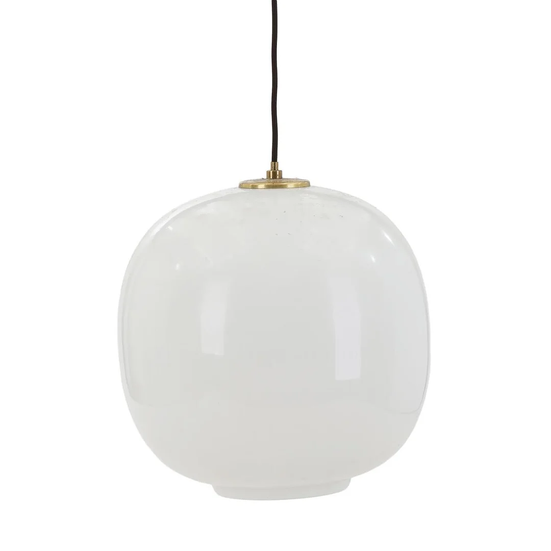 “Radiohus pendant”. A pendant with opal glass shade with brass mounting. Manufactured by Louis Poulesen. H. incl. mounting 40. Diam. 35 cm. — Modern Lighting — Bruun Rasmussen