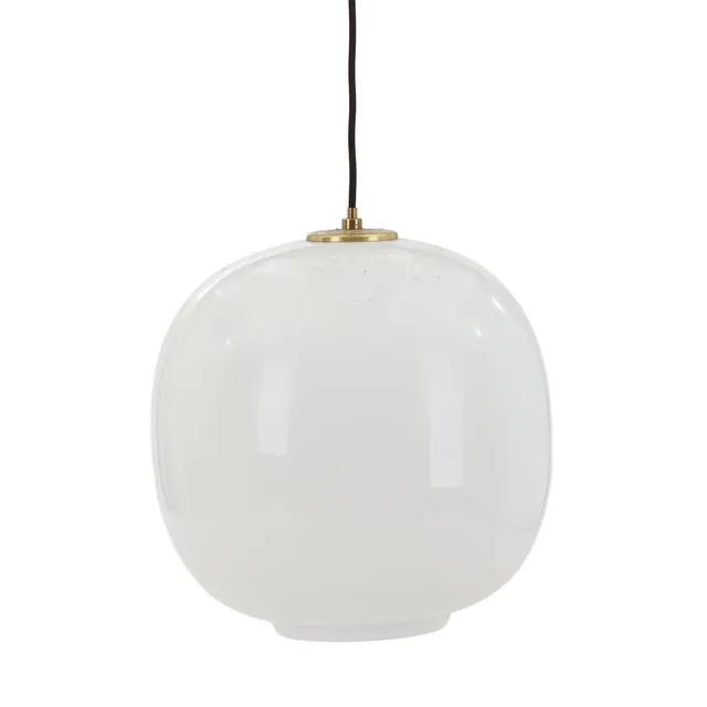 “Radiohus pendant”. A pendant with opal glass shade with brass mounting. Manufactured by Louis Poulesen. H. incl. mounting 40. Diam. 35 cm.