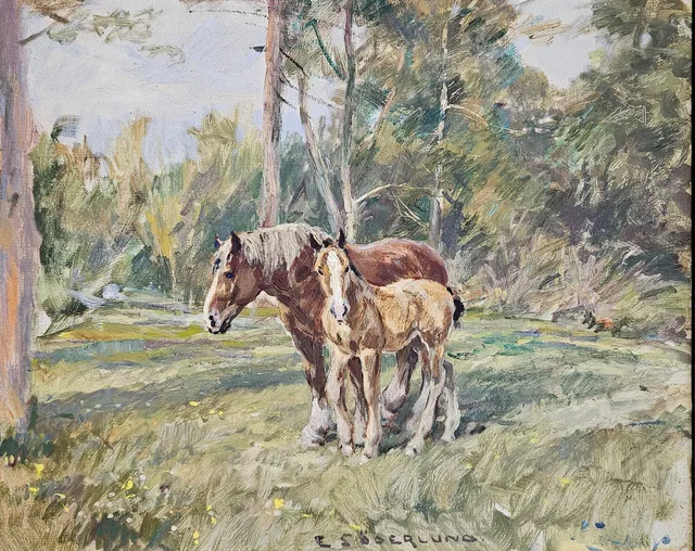 EINAR SÖDERLUND. Hästar. Olja på pannå, signerad E. Söderlund.